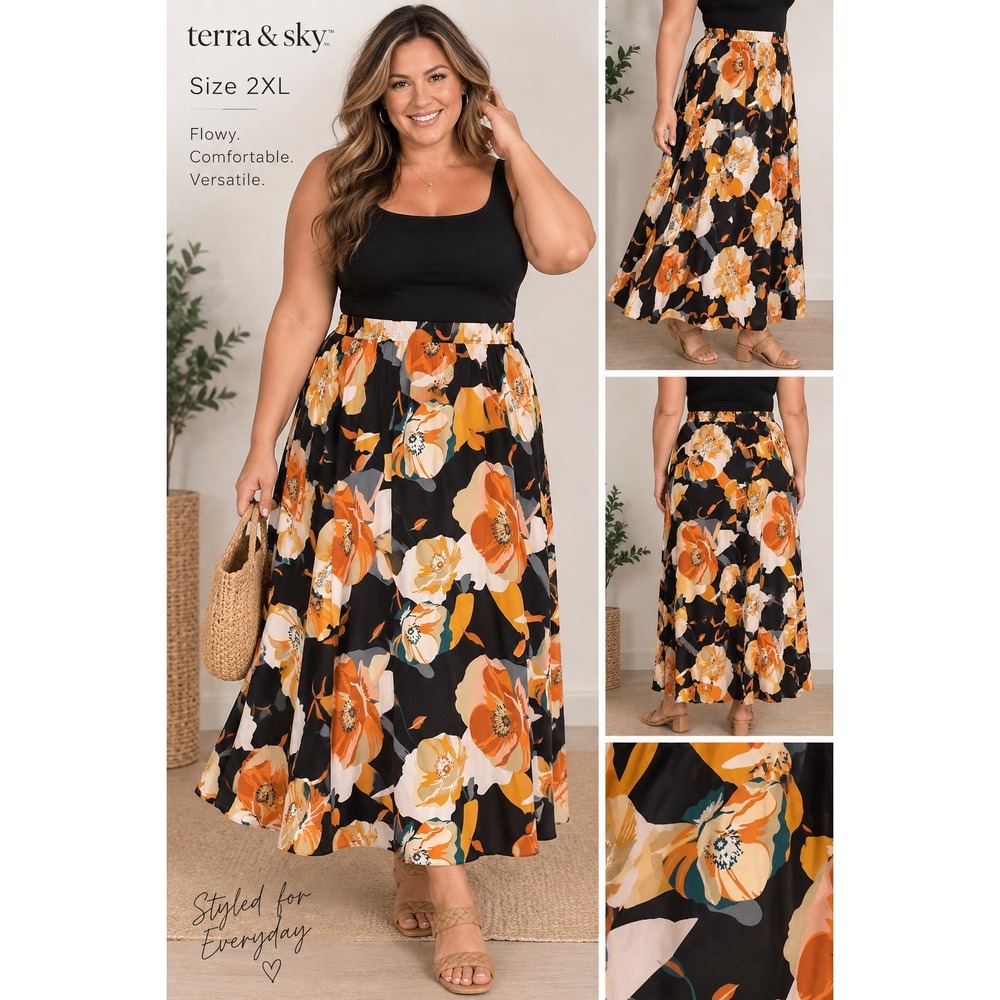 Terra & Sky Womens 2XL Floral Maxi Skirt Black Orange Elastic Waist Flowy Plus